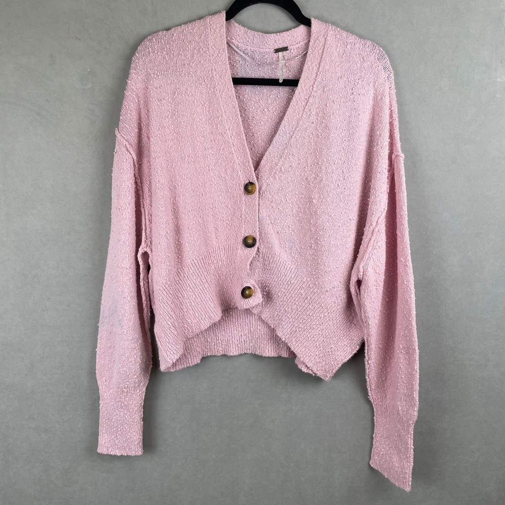 Free People Pink Textured Slub Knit V-Neck Button Cropped Cardigan Shabby Chic S